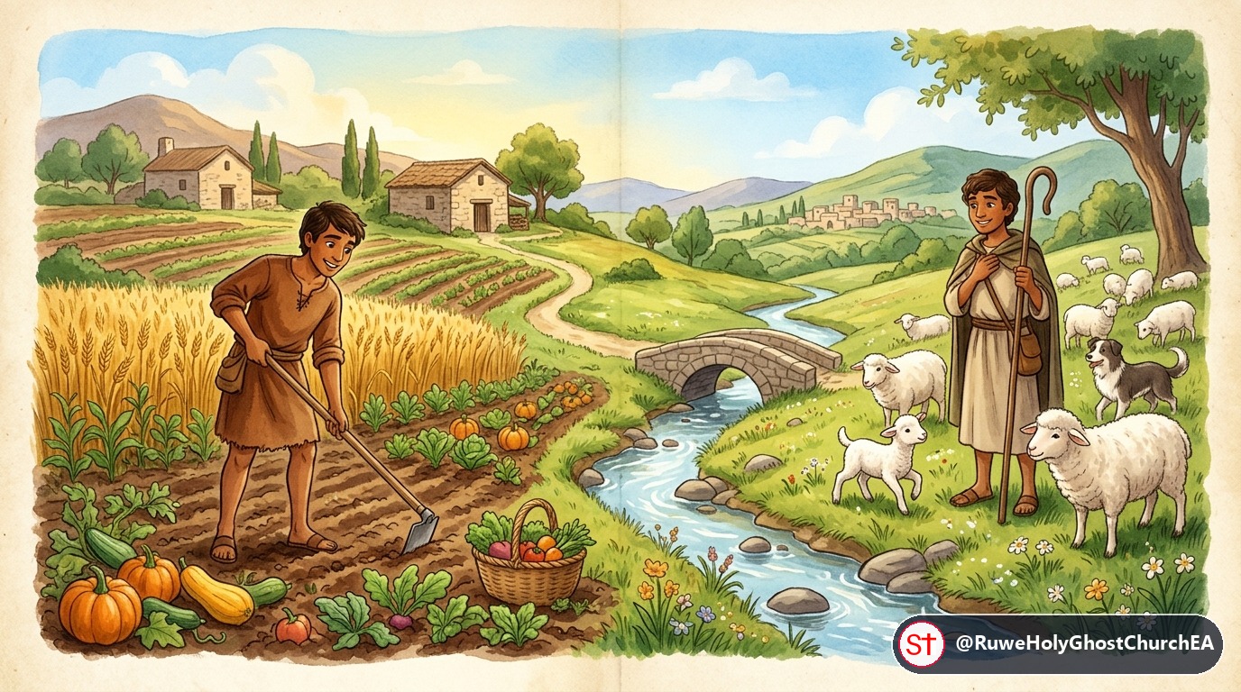 Cain Tilling the Ground as a Farmer and Abel Tending the Sheep as a Shepherd