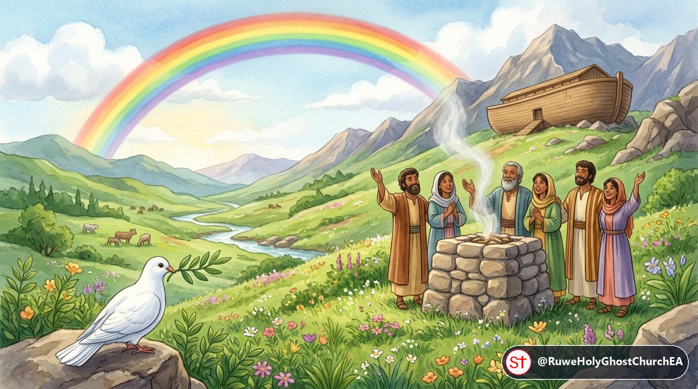 Noah's Family Thanking God Under the Rainbow Covenant with the Dove and Olive Leaf