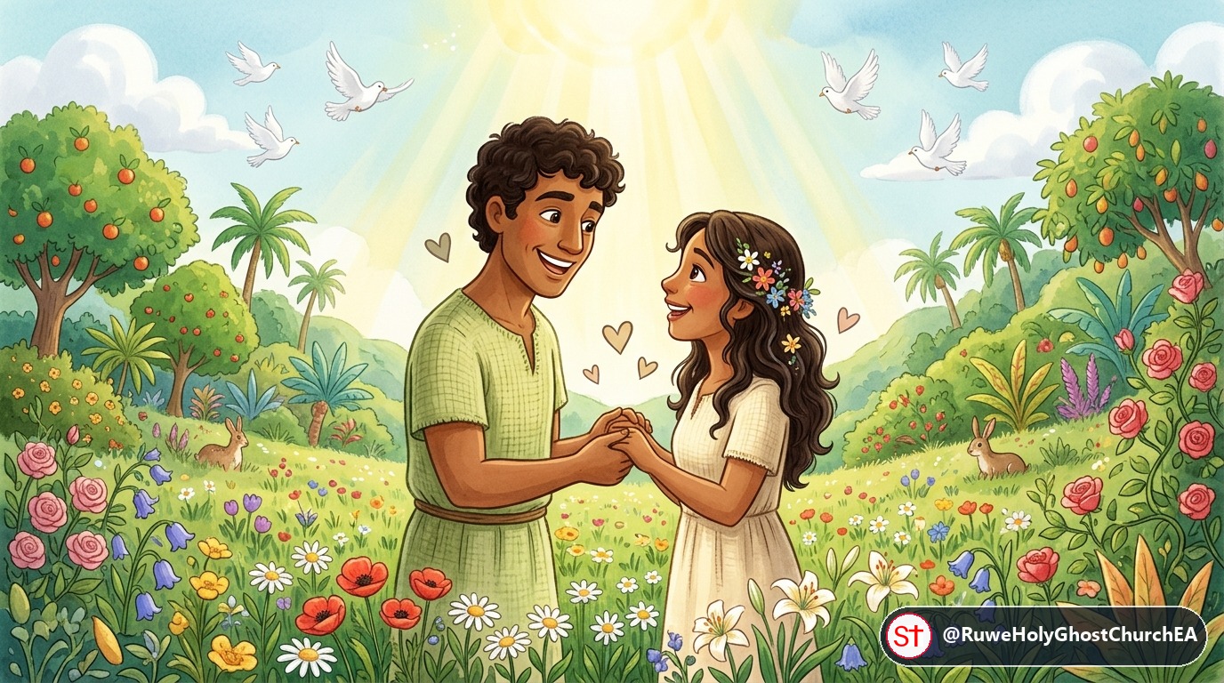 Adam and Eve Rejoicing Together as the First Family in the Garden of Eden