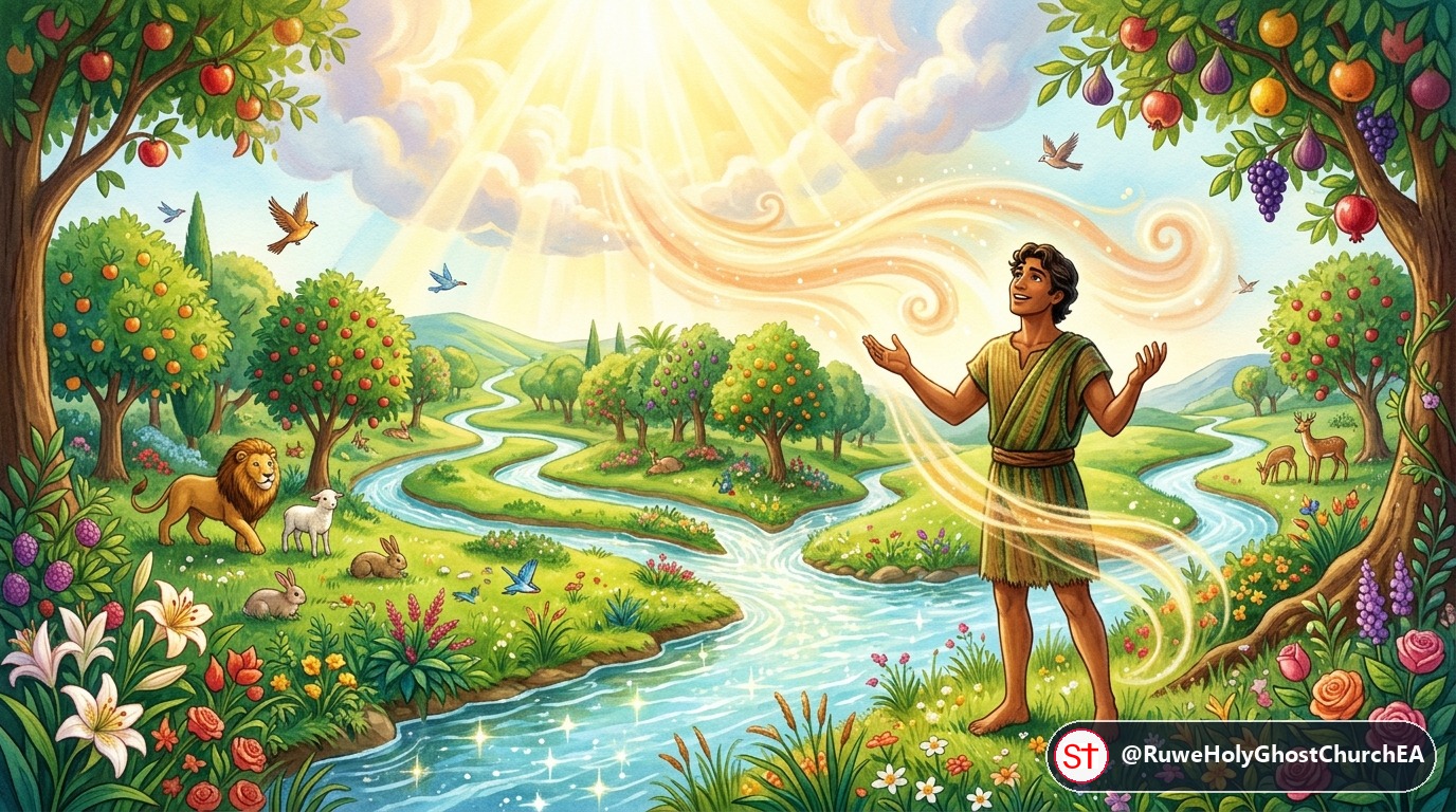 God Places Adam in the Lush Garden of Eden Watered by Four Rivers