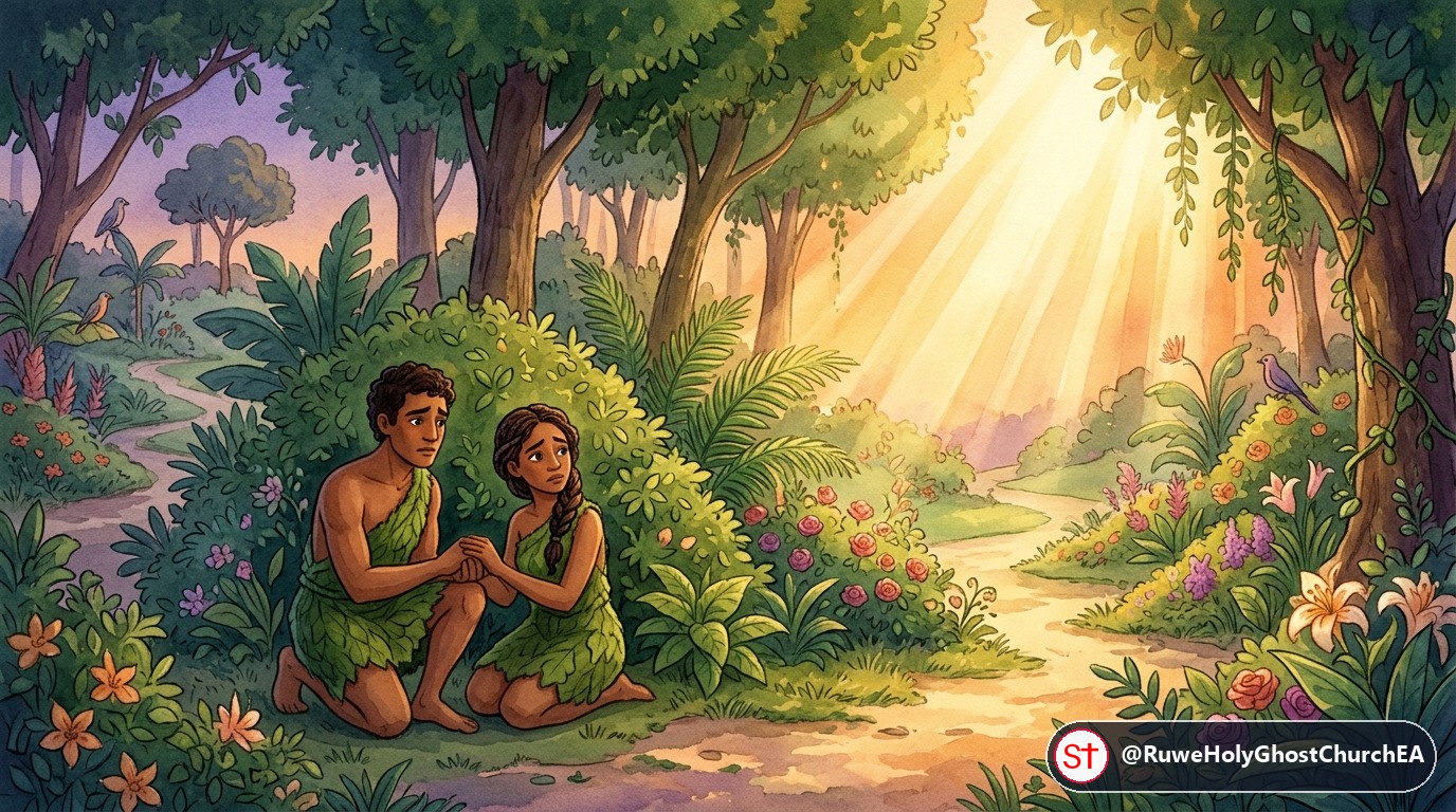 Adam and Eve Hiding Amongst the Trees of the Garden of Eden