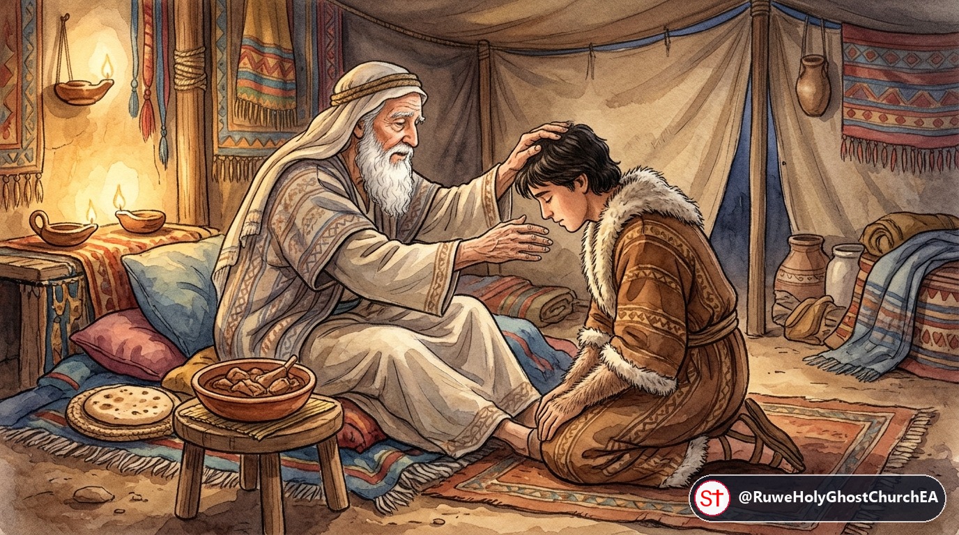 Blind Father Isaac Blesses Jacob Disguised in Esau's Clothes