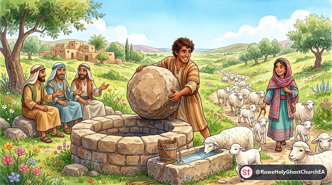 Jacob Rolls the Heavy Stone from the Well for Rachel's Sheep