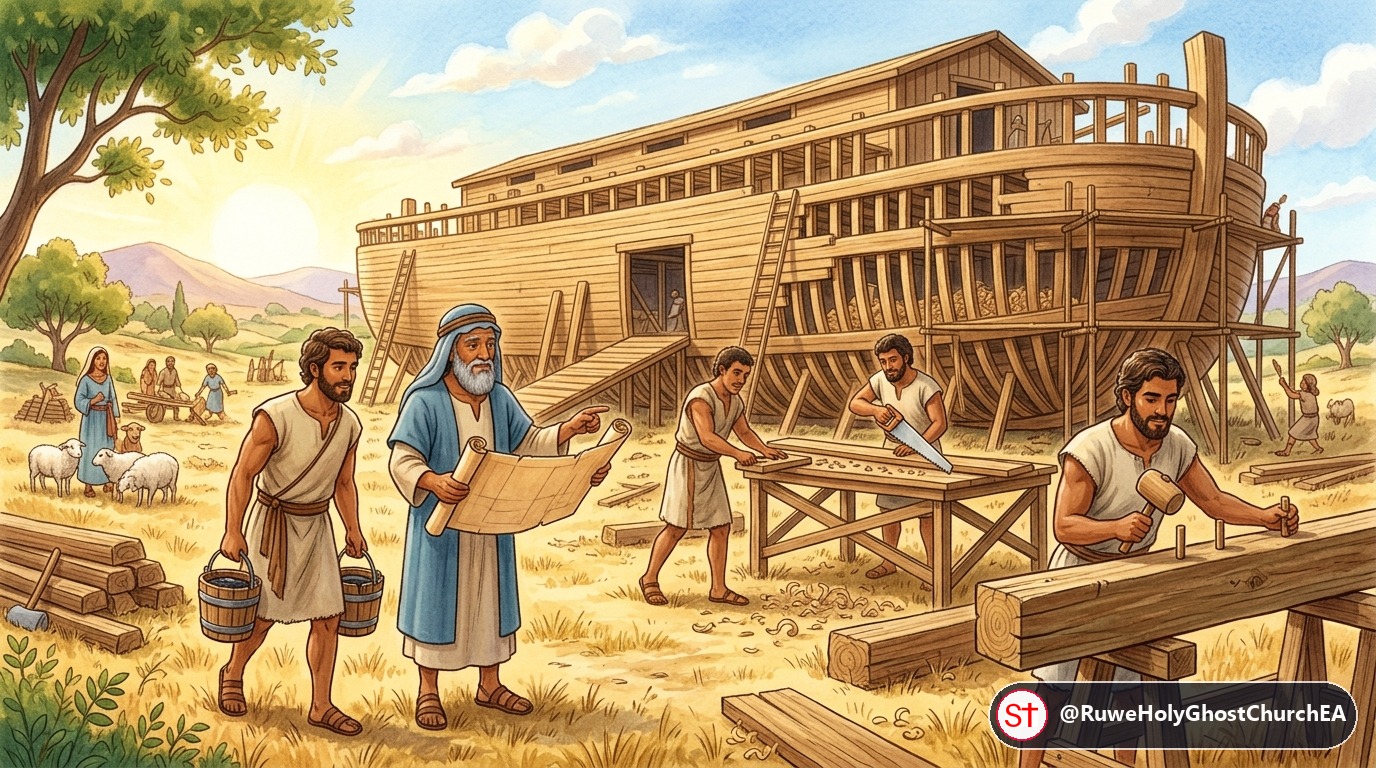 Noah and His Three Sons Building the Huge Wooden Ark