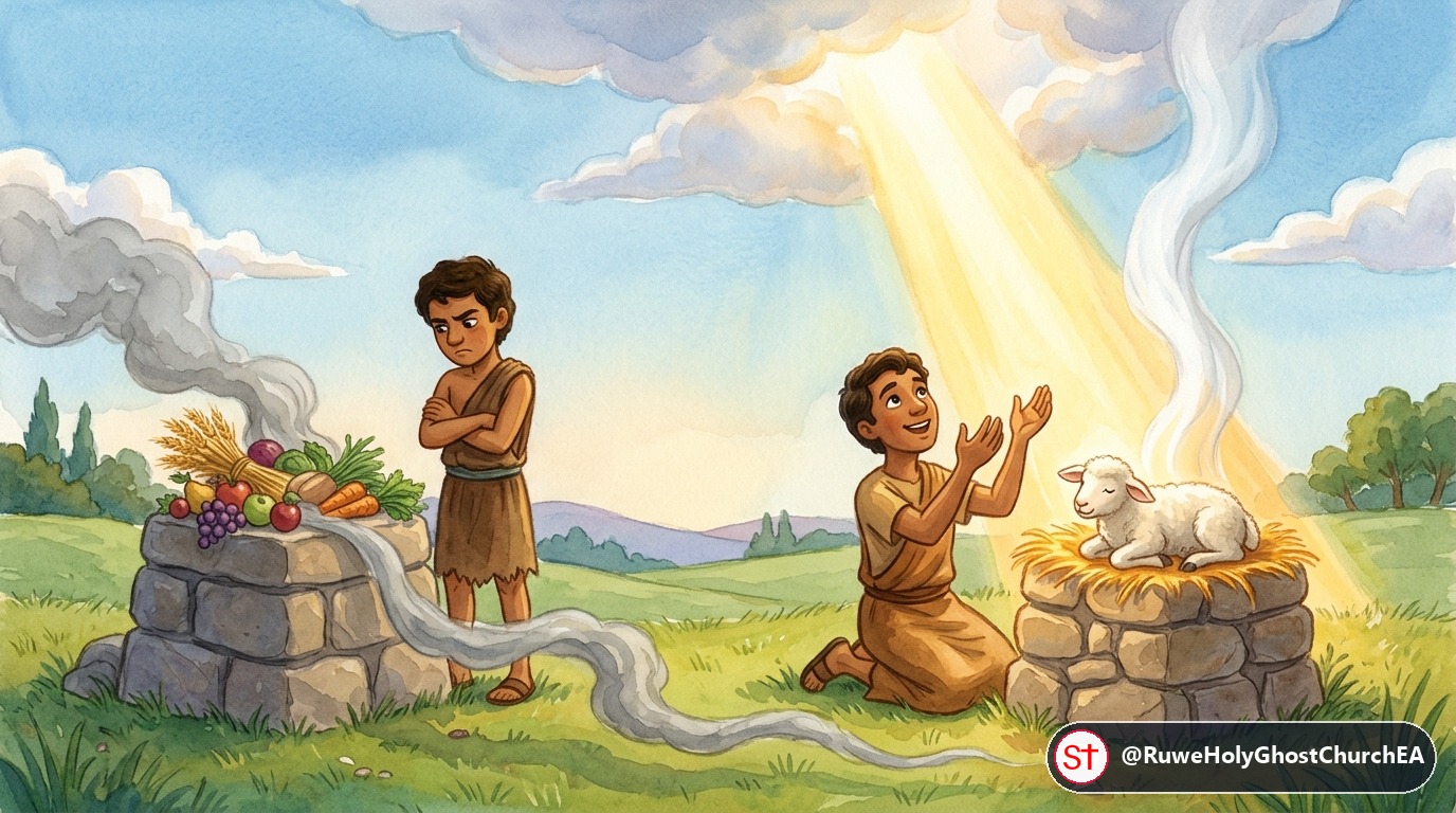Cain and Abel Bringing Their Offerings to Yahweh at Two Stone Altars